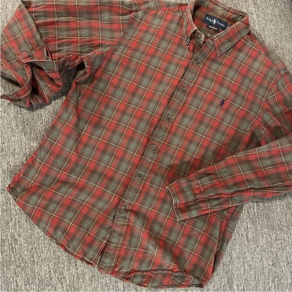 Ralph Lauren Men's Shirt Long Sleeve Custom Fit Red & Green Plaid Size Large